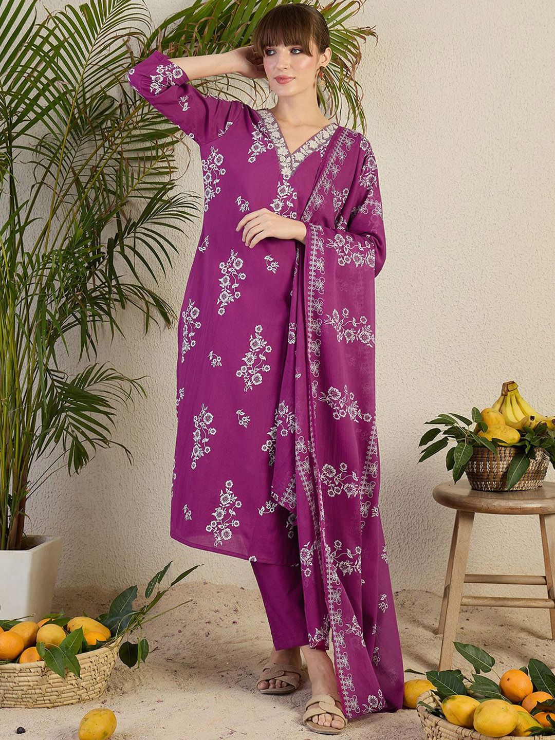 Women Floral Printed Regular Sequinned Cotton Kurta with Trousers & Dupatta