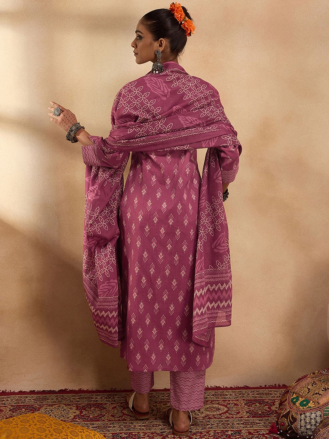 Ethnic Motifs Printed Pure Cotton Straight Kurta with Trousers & Dupatta