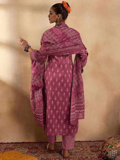 Ethnic Motifs Printed Pure Cotton Straight Kurta with Trousers & Dupatta