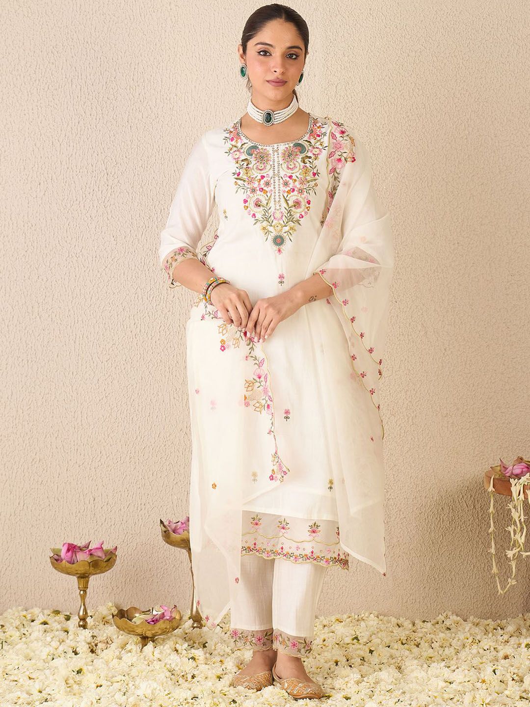 Floral Embroidered Round Neck Kurta With Trousers & Dupatta