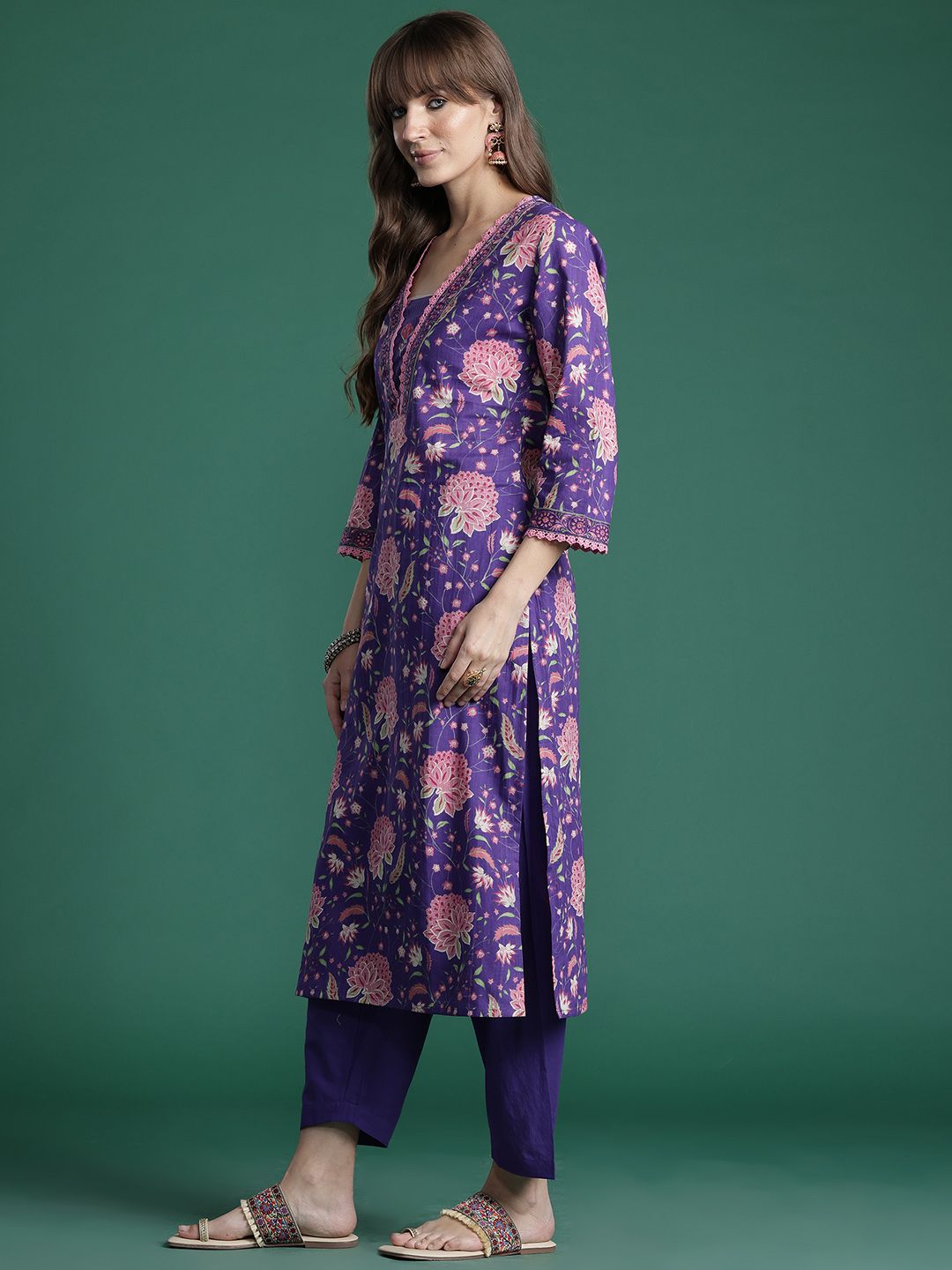 Floral Printed Beads & Stones Pure Cotton Kurta with Trousers & With Dupatta