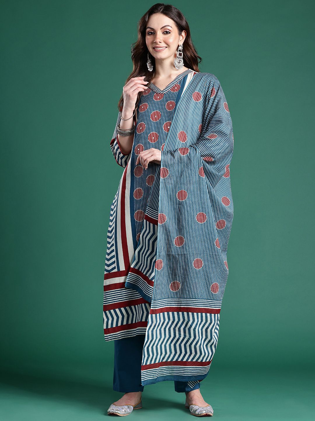 Striped Pure Cotton Kurta With Trousers & Dupatta
