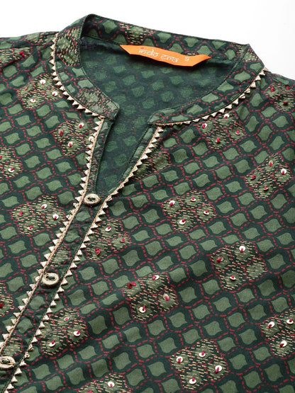 Women Green Printed Regular Kurta with Trousers & Dupatta