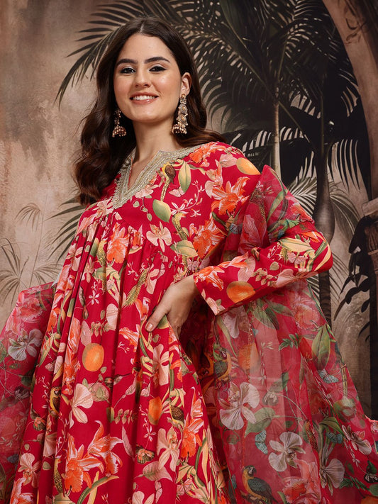 Dhiyona SN Women's Floral Print Empire Kurta with Sharara & Dupatta