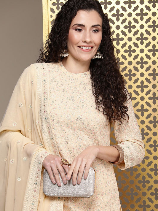 Dhiyona PD Women Women Jashn Floral Thread Work Sequined Kurta With Trousers & Dupatta