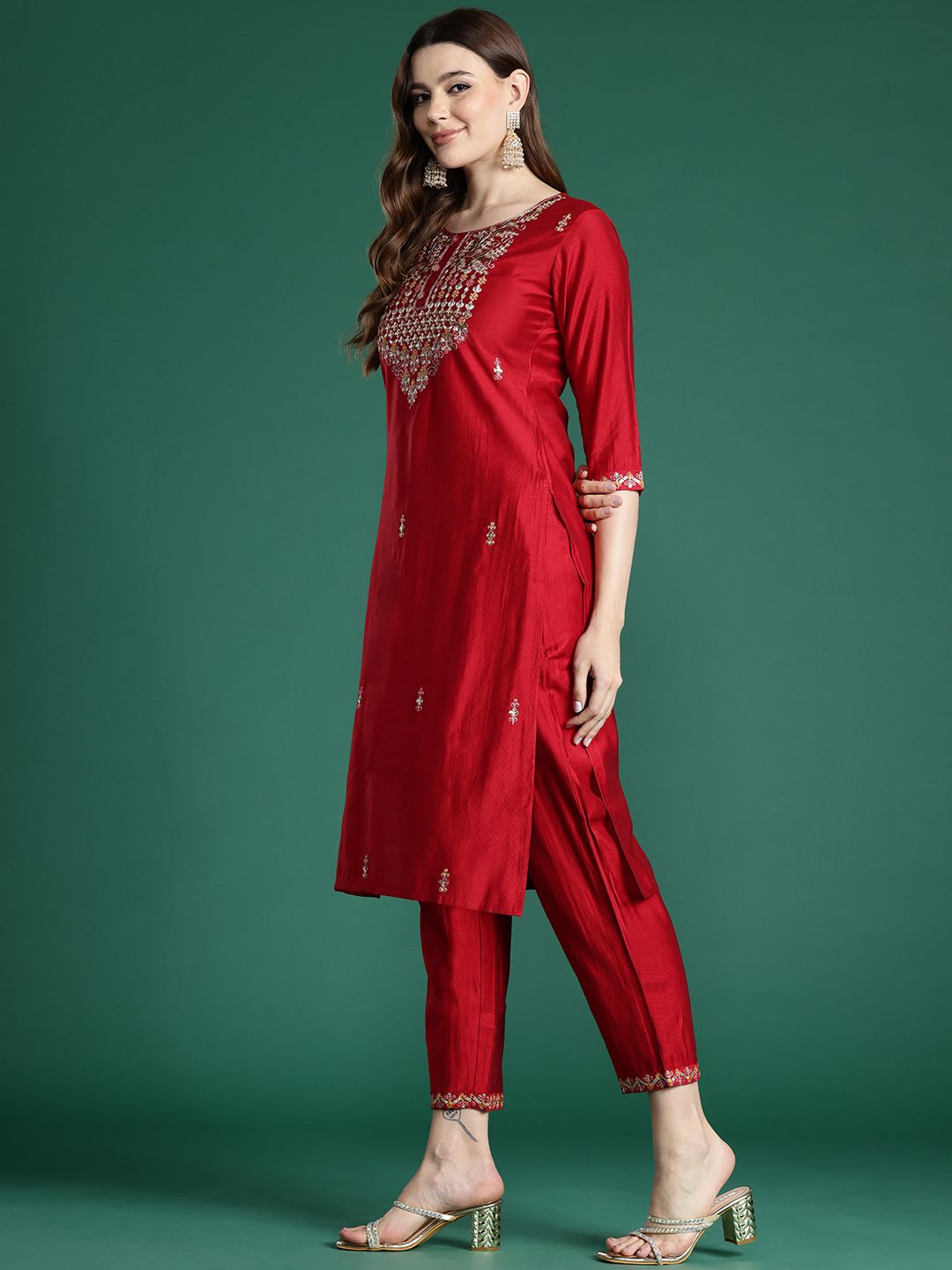 Ethnic Motifs Embroidered Regular Sequinned Liva Kurta with Trousers & Dupatta