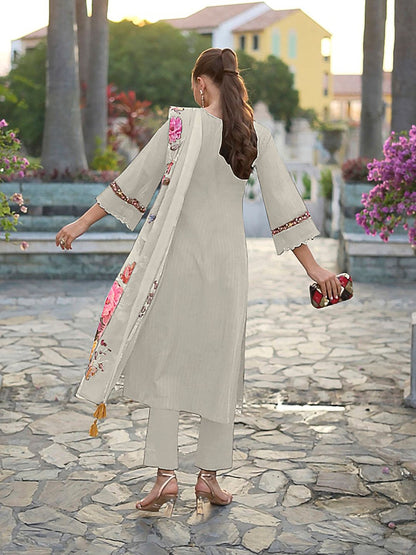 Floral Embroidered Round Neck Pure Cotton Straight Kurta with Trousers & Dupatta