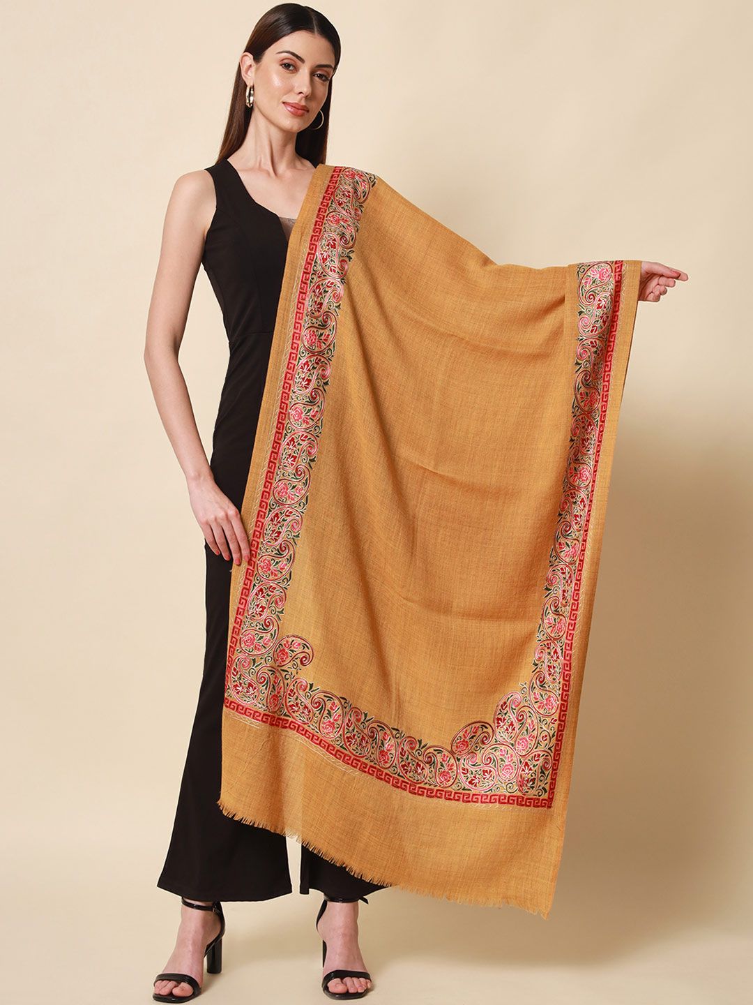 Dhiyona PA Women Yellow & Pink Embroidered Woolen Shawl