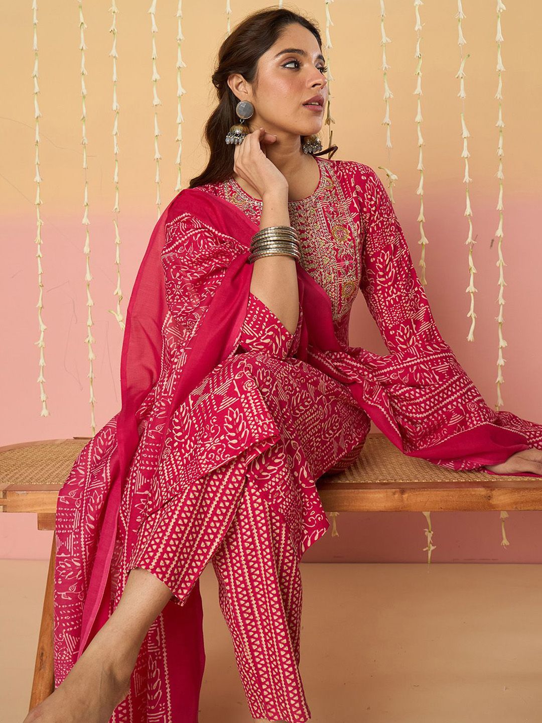 Women Ethnic Motifs Printed Regular Pure Cotton Kurta with Trousers & With Dupatta