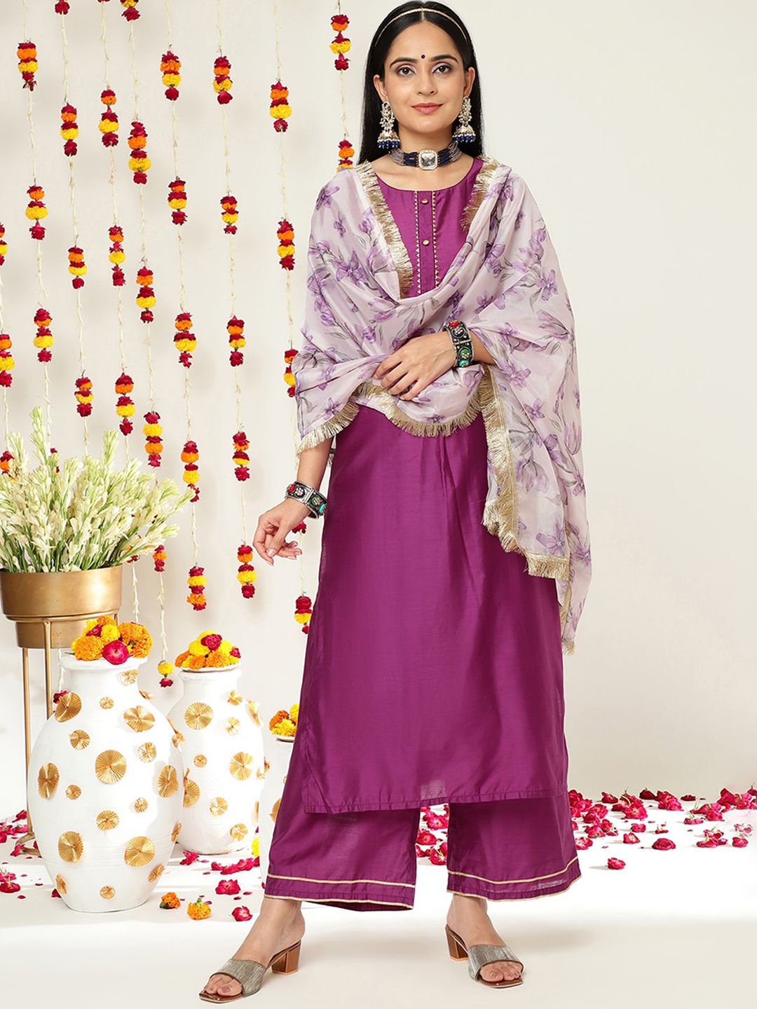 Dhiyona VA Women'sRound Neck Regular Kurta with Trousers & With Dupatta