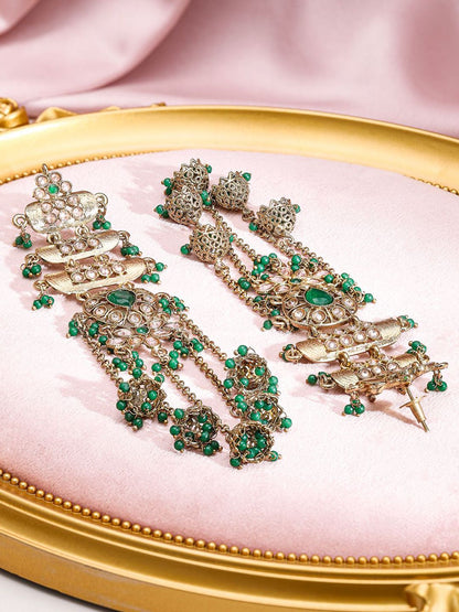 Dhiyona RJ Women's 18K Mehndi Gold-Plated Emerald Studded Shoulder Duster Jhumka Earrings
