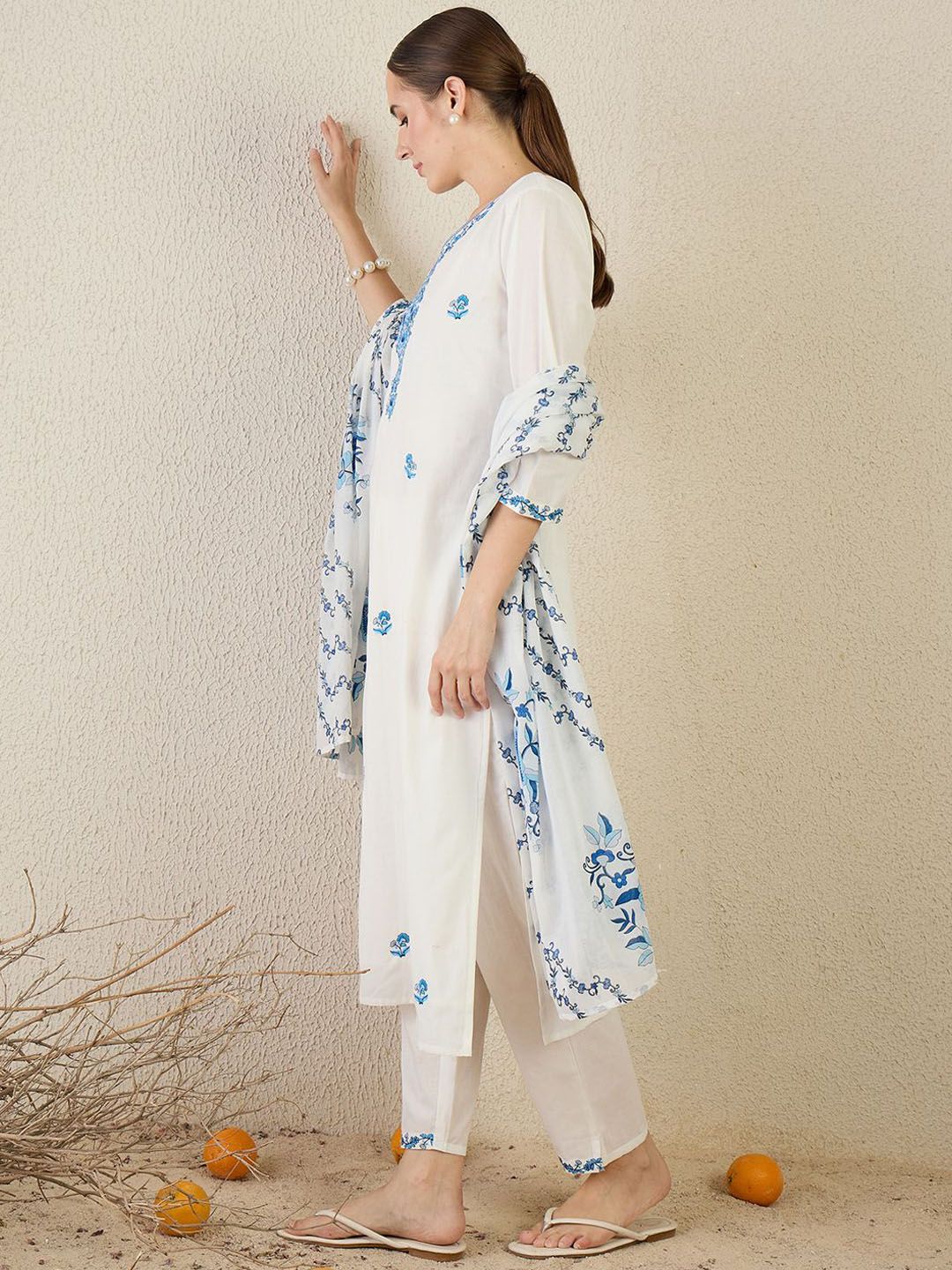 Women Floral Embroidered Cotton Kurta with Trousers & Dupatta