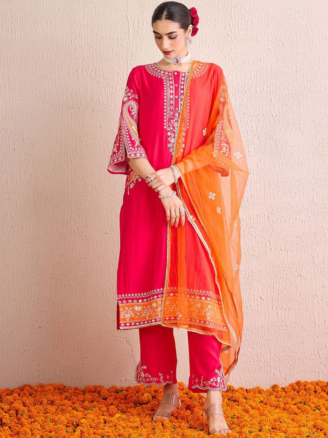 Women Ethnic Motifs Embroidered Regular Kurta with Trousers & With Dupatta