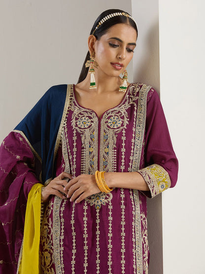 Dhiyona IS Women's Purple Ethnic Motifs Embroidered Chinon Straight Kurta With Trousers & Dupatta