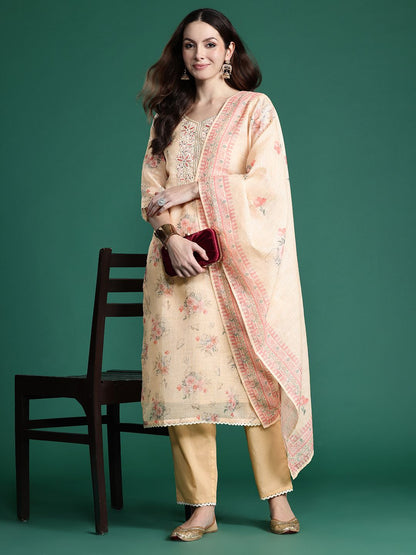 Floral Embroidered Sequinned Linen Kurta with Trousers & With Dupatta