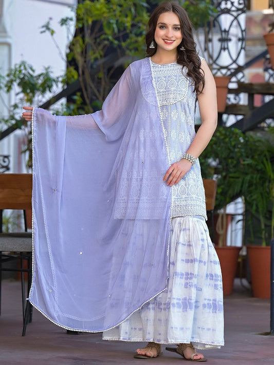 Dhiyona VA Women'sThread Work Embroidered Straight Kurta With Sharara & Dupatta