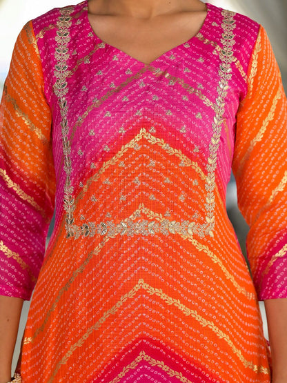 Dhiyona VA Women'sBandhani Printed Regular Gotta Patti Kurta with Trousers & With Dupatta