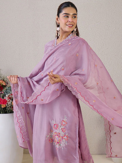 Floral Embroidered V Neck Organza Kurta With Trousers & Dupatta