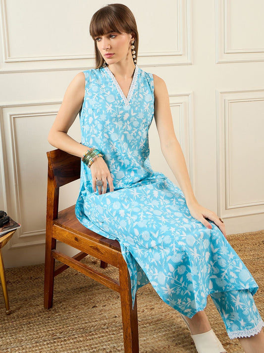 Dhiyona IE Floral Printed V-Neck Pure Cotton Straight Kurta With Trouser