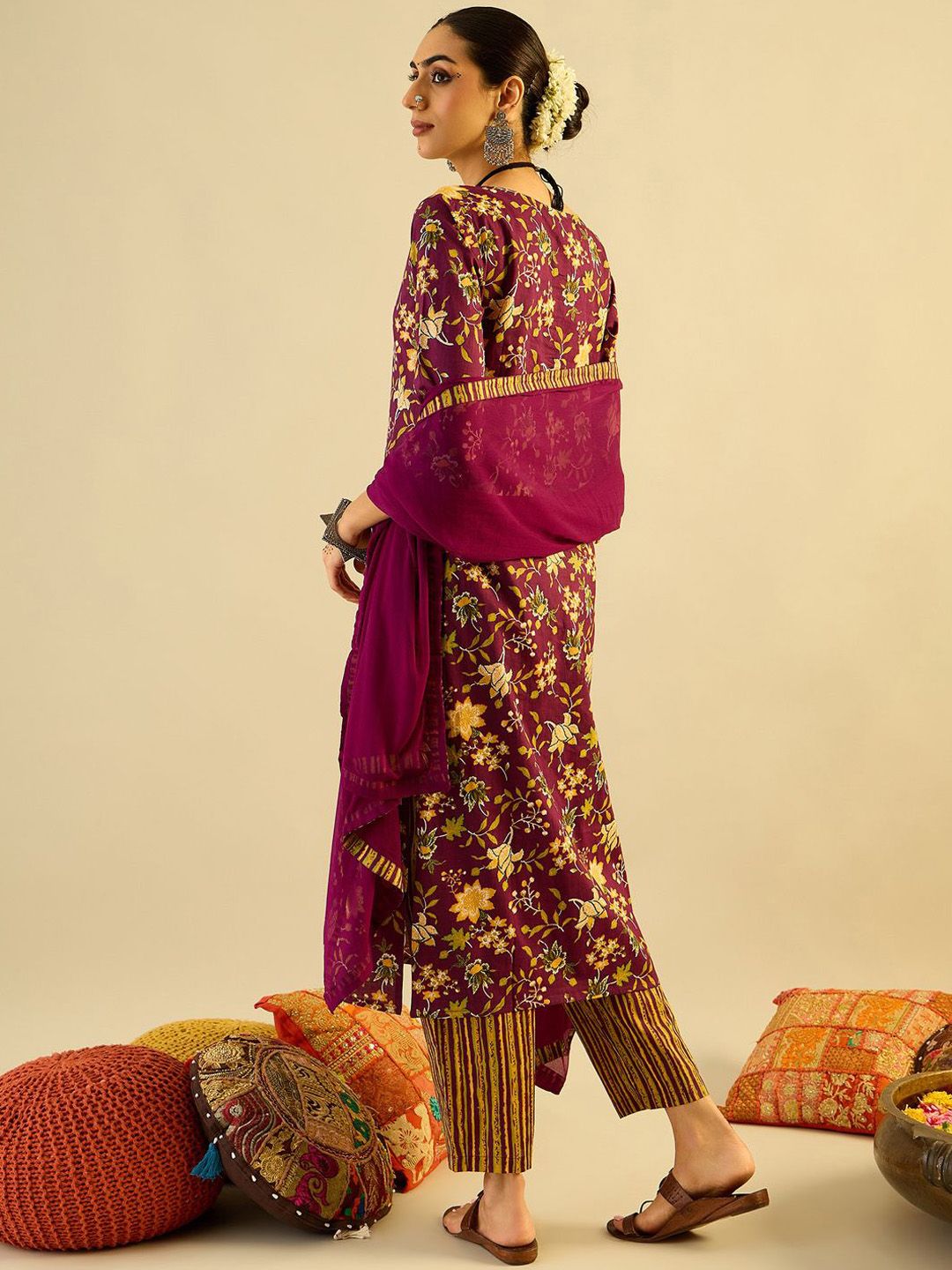 Floral Printed V-Neck Pure Cotton Straight Kurta With Trousers & Dupatta