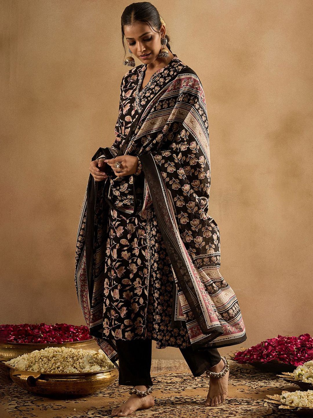 Dhiyona IE Floral Printed Angrakha Pure Cotton A-Line Kurta With Trousers & Dupatta
