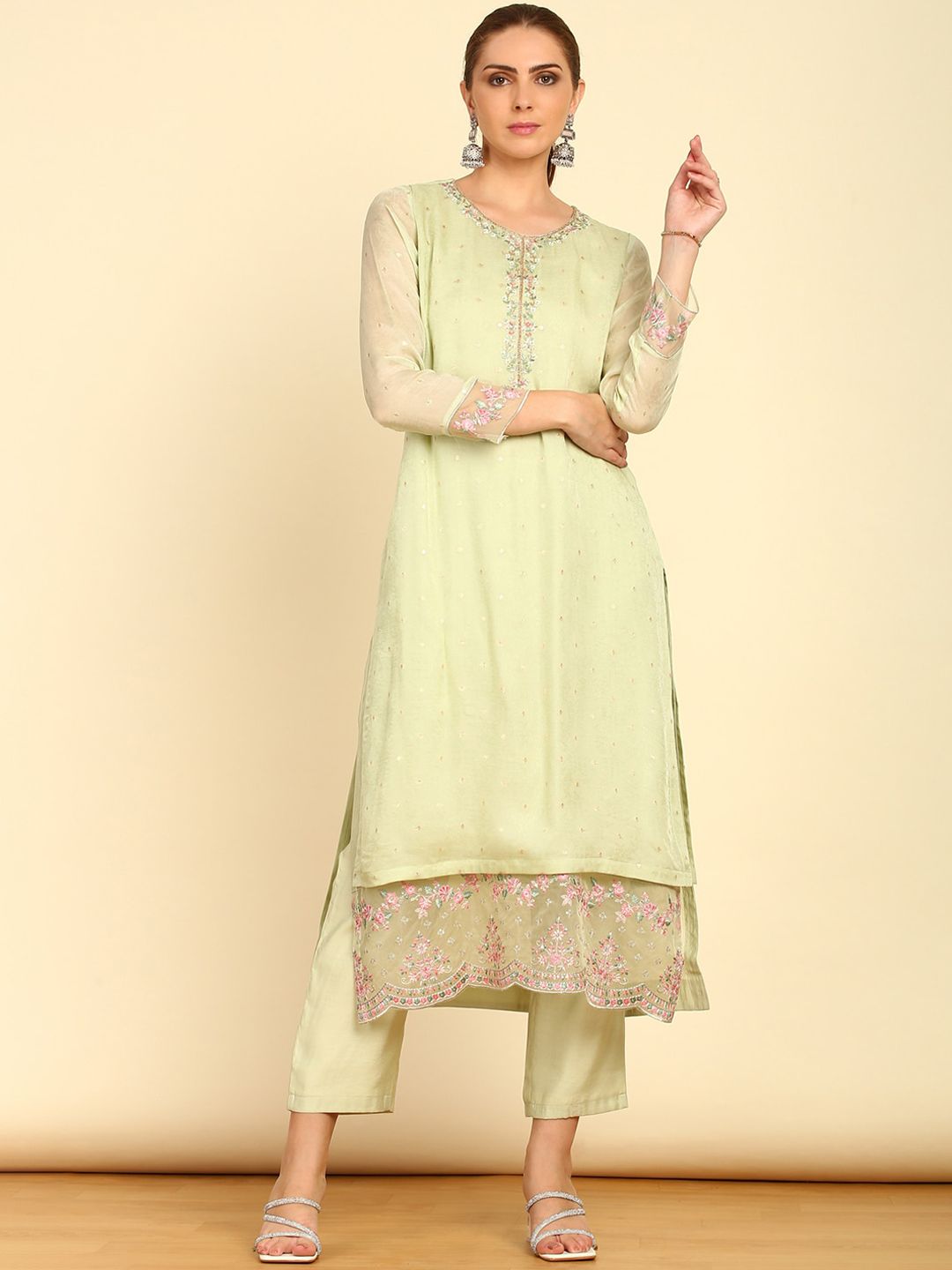 Dhiyona SO Women's Green Floral Embroidered Straight Kurta with Trousers & Dupatta