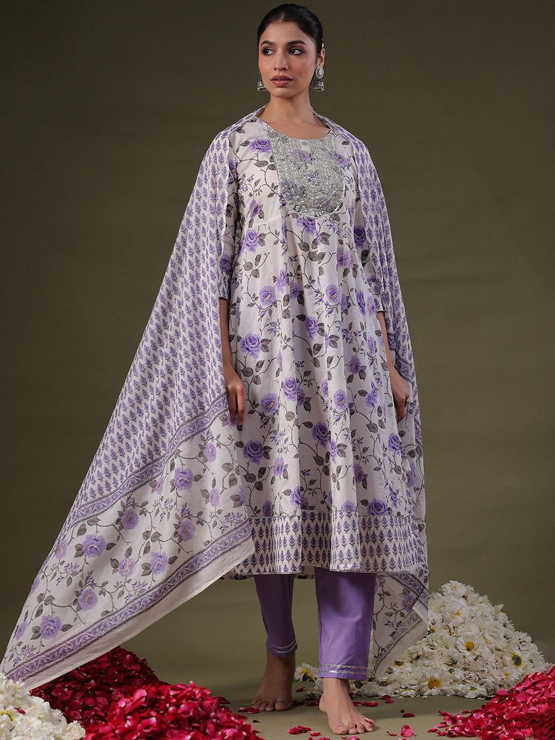 Dhiyona IE Floral Printed Empire Sequinned Pure Cotton Kurta With Trousers & Dupatta