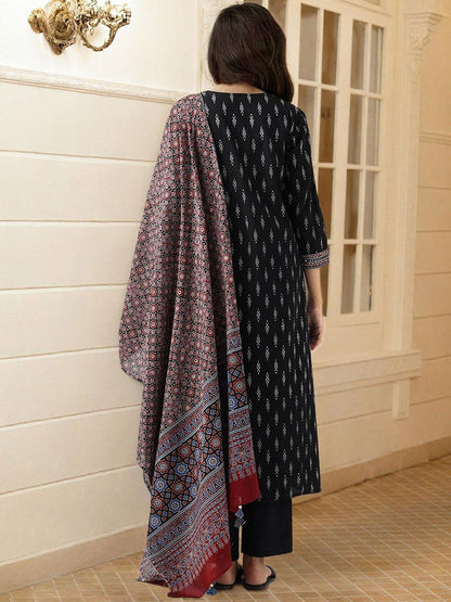 Dhiyona IS Women's Ethnic Motifs Printed Pure Cotton Straight Kurta With Trouser & Dupatta