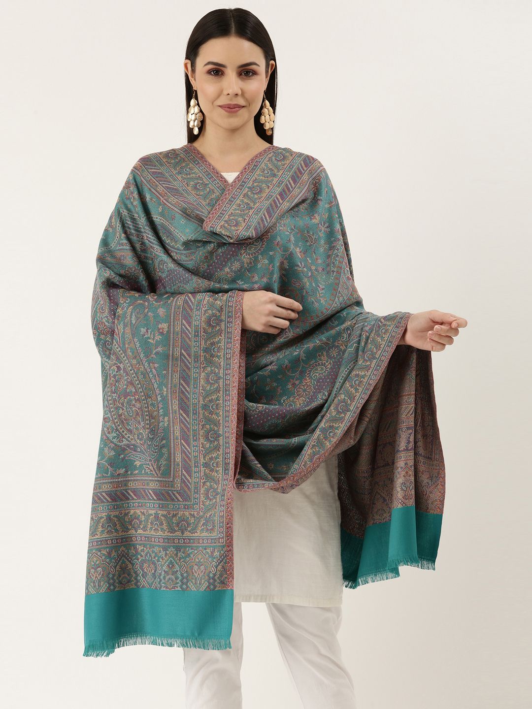 Dhiyona PA Women Teal Woven Design Wool Jamawar Shawl