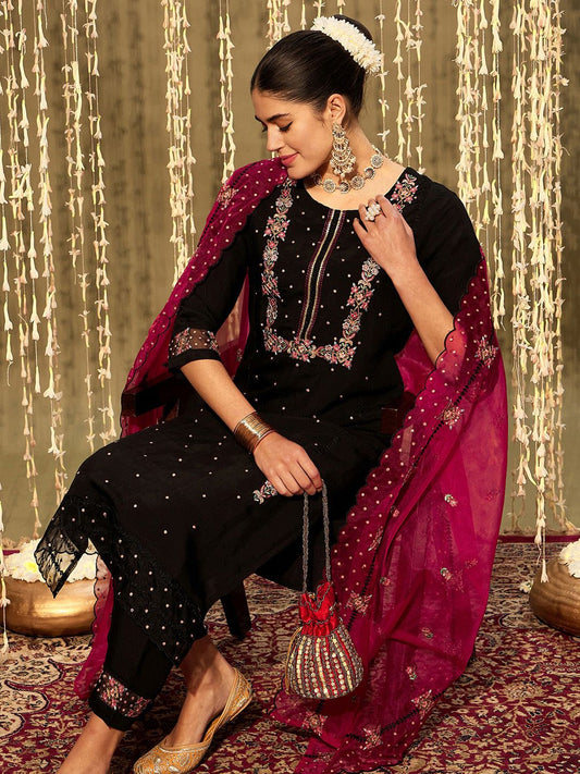 Dhiyona IE Floral Embroidered Regular Thread Work Kurta With Trousers & Dupatta