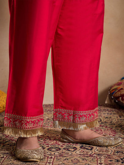 Dhiyona IN Tie-Up Neck Ethnic Motifs Embroidered Straight Kurta with Trouser & Dupatta