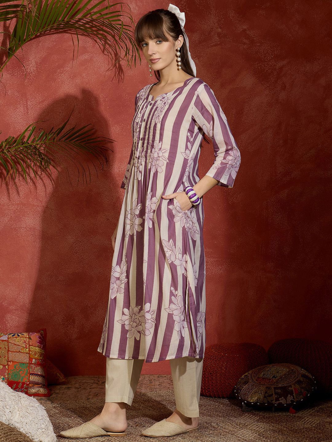 Dhiyona IE Printed Pure Cotton A-Line Tunic & Trousers Co-Ord Set