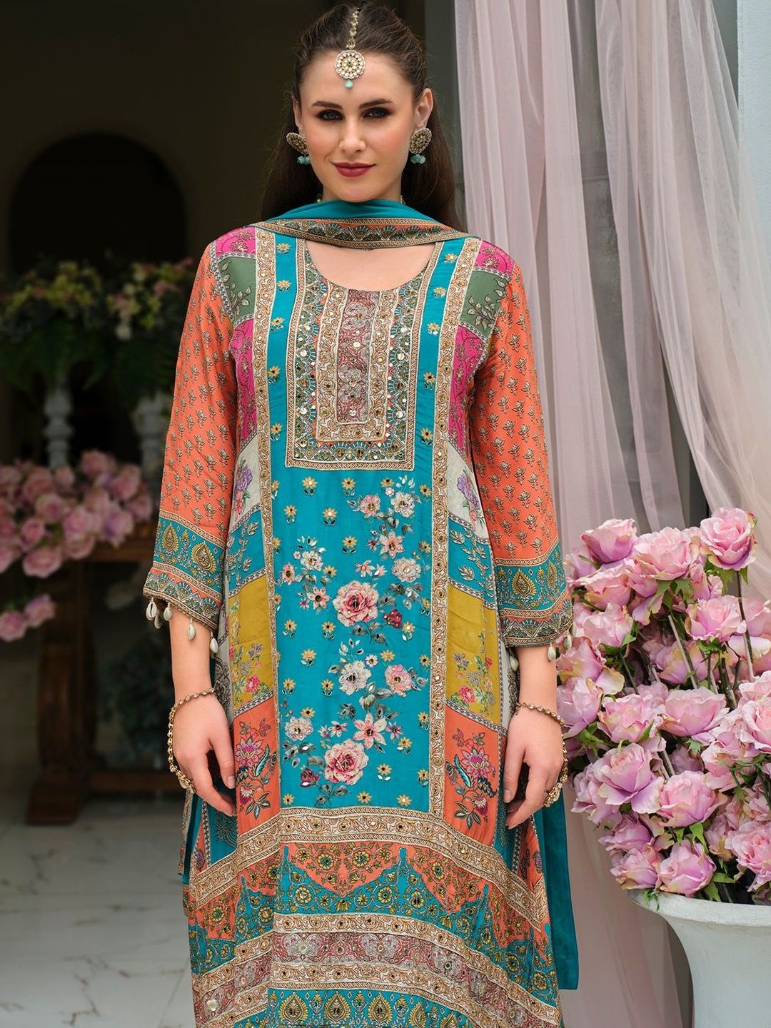 Dhiyona IE Women Floral Print Mirror Work Pure Silk Kurta with Palazzos & Dupatta