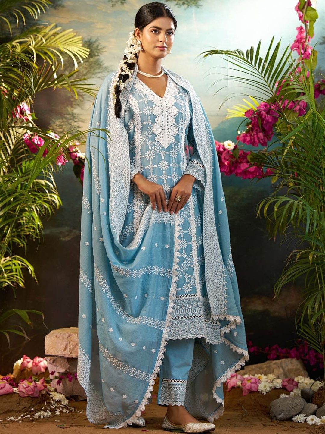 Women Ethnic Motifs Embroidered Regular Chikankari Pure Cotton Kurta with Trousers & With Dupatta