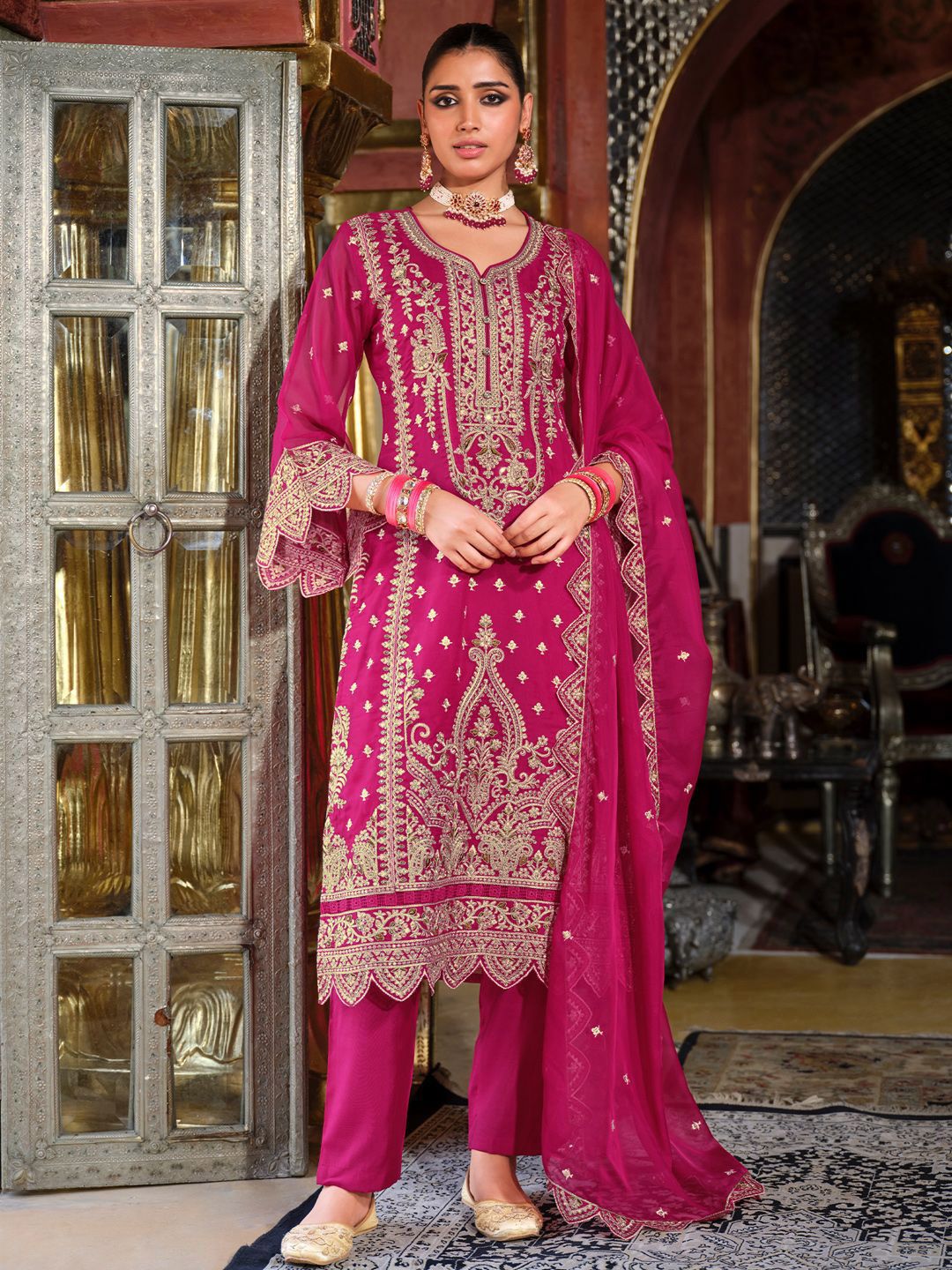 Ethnic Motifs Embroidered Zari Organza Straight Kurta & Trousers With Dupatta