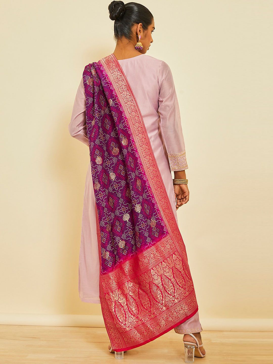 Dhiyona SO Women's Ethnic Motifs Embroidered Sequinned Detail Chanderi Silk Straight Kurta Set