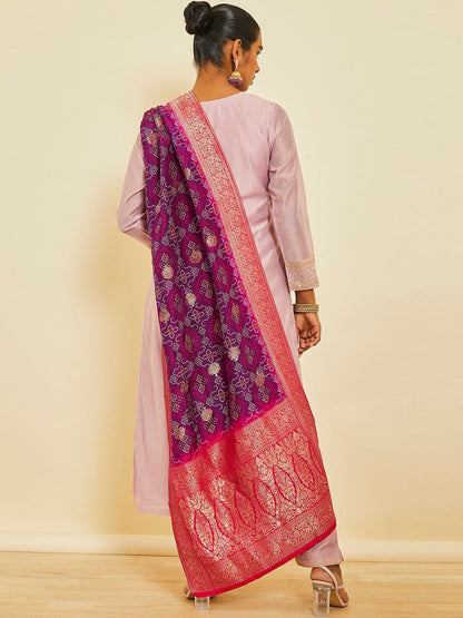 Dhiyona SO Women's Ethnic Motifs Embroidered Sequinned Detail Chanderi Silk Straight Kurta Set