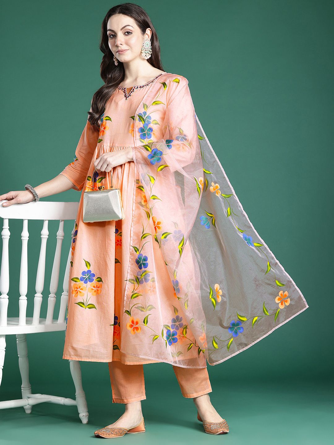 Dhiyona IE Floral Embroidered Mirror Work Pure Cotton Kurta with Trousers & Dupatta