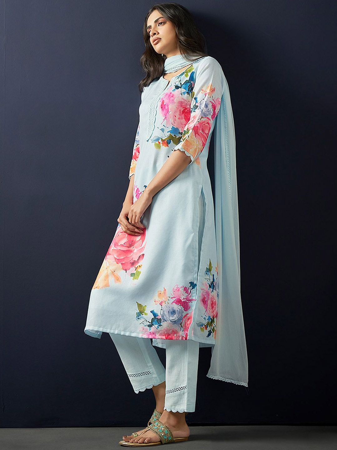 Dhiyona IE Floral Printed Regular Linen Straight Kurta With Trousers & Dupatta