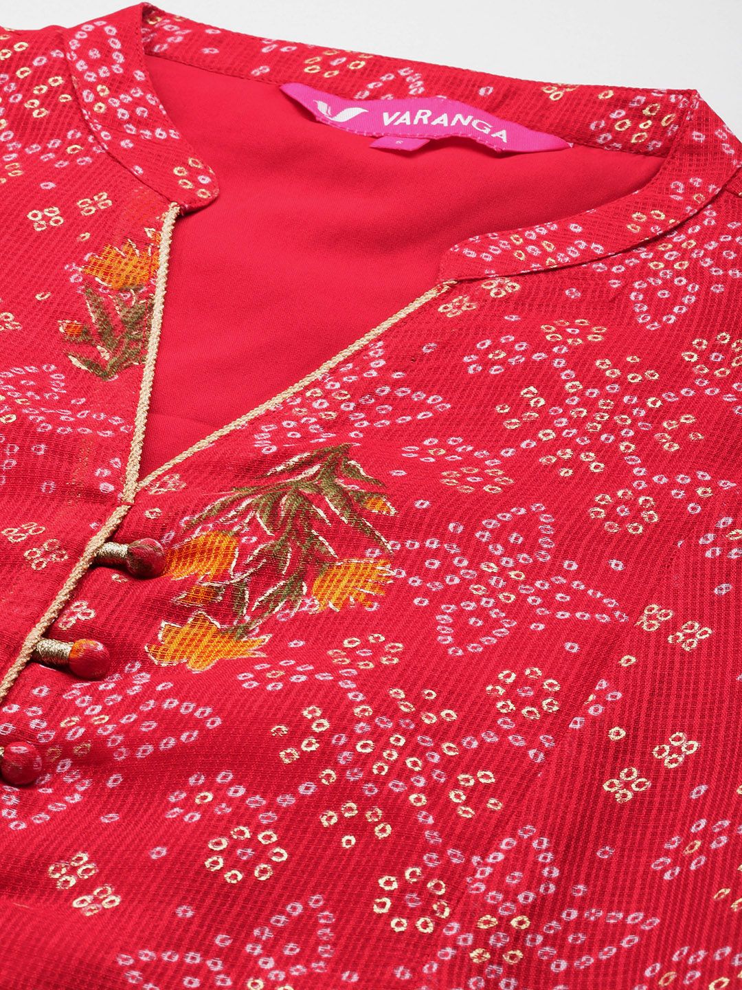 Dhiyona VA Women'sRed Bandhani printed A line Kurta with Trouser and Dupatta