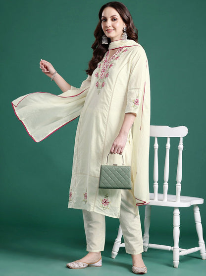 Floral Embroidered Pure Cotton Kurta with Trousers & Dupatta