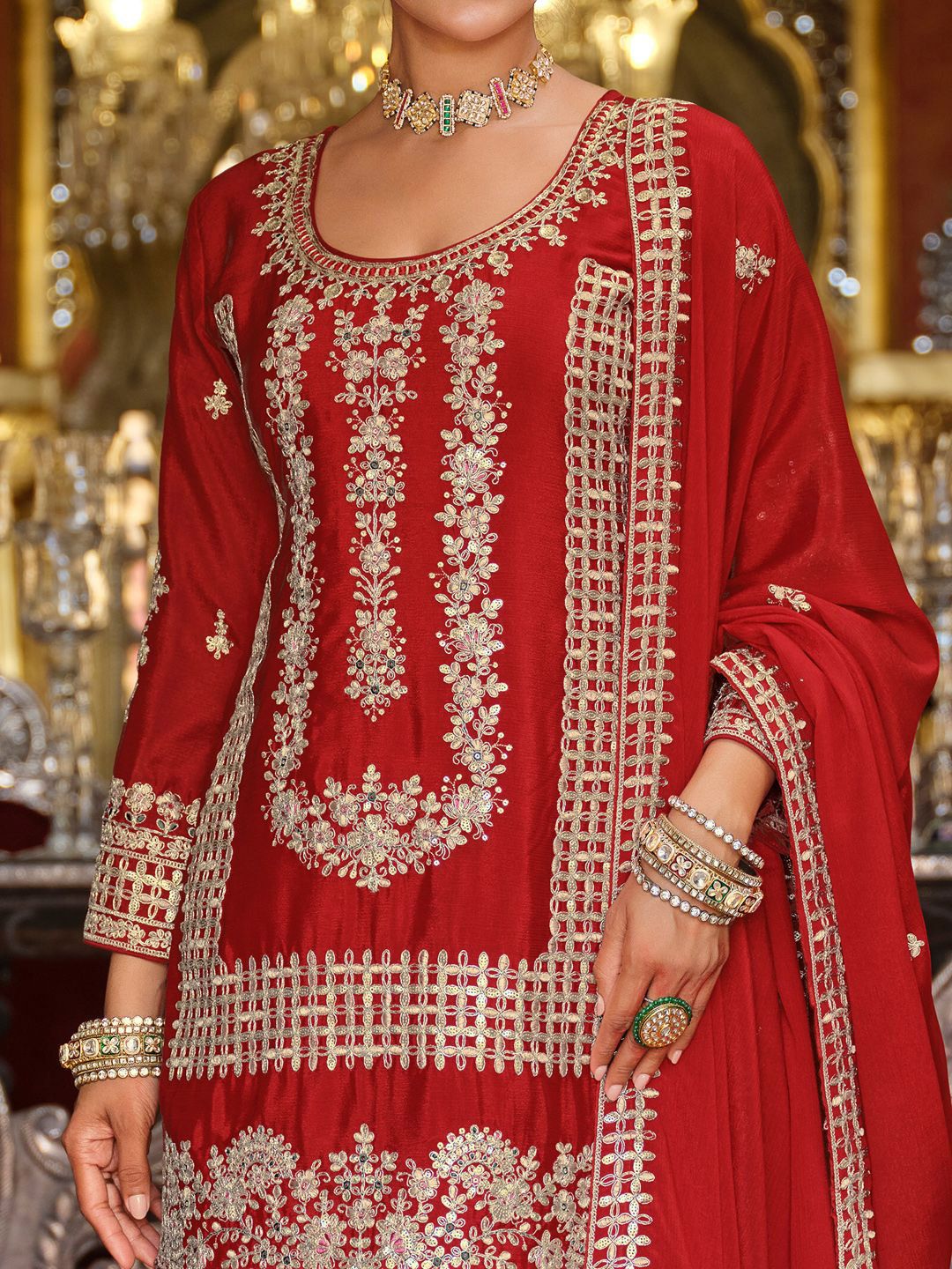 Ethnic Motifs Embroidered Kurta with Palazzos & Dupatta