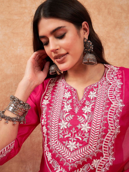 Floral Embroidered Regular Thread Work Liva Kurta with Trousers & Dupatta
