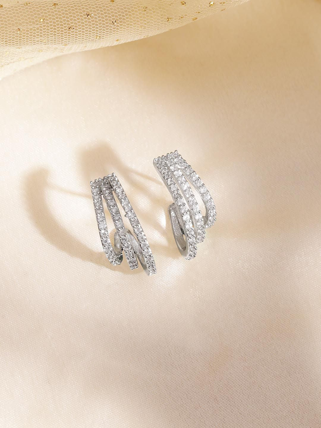 Dhiyona RJ Women's Rhodium Plated High Quality Cubic Zirconia Studded Hoop Earrings