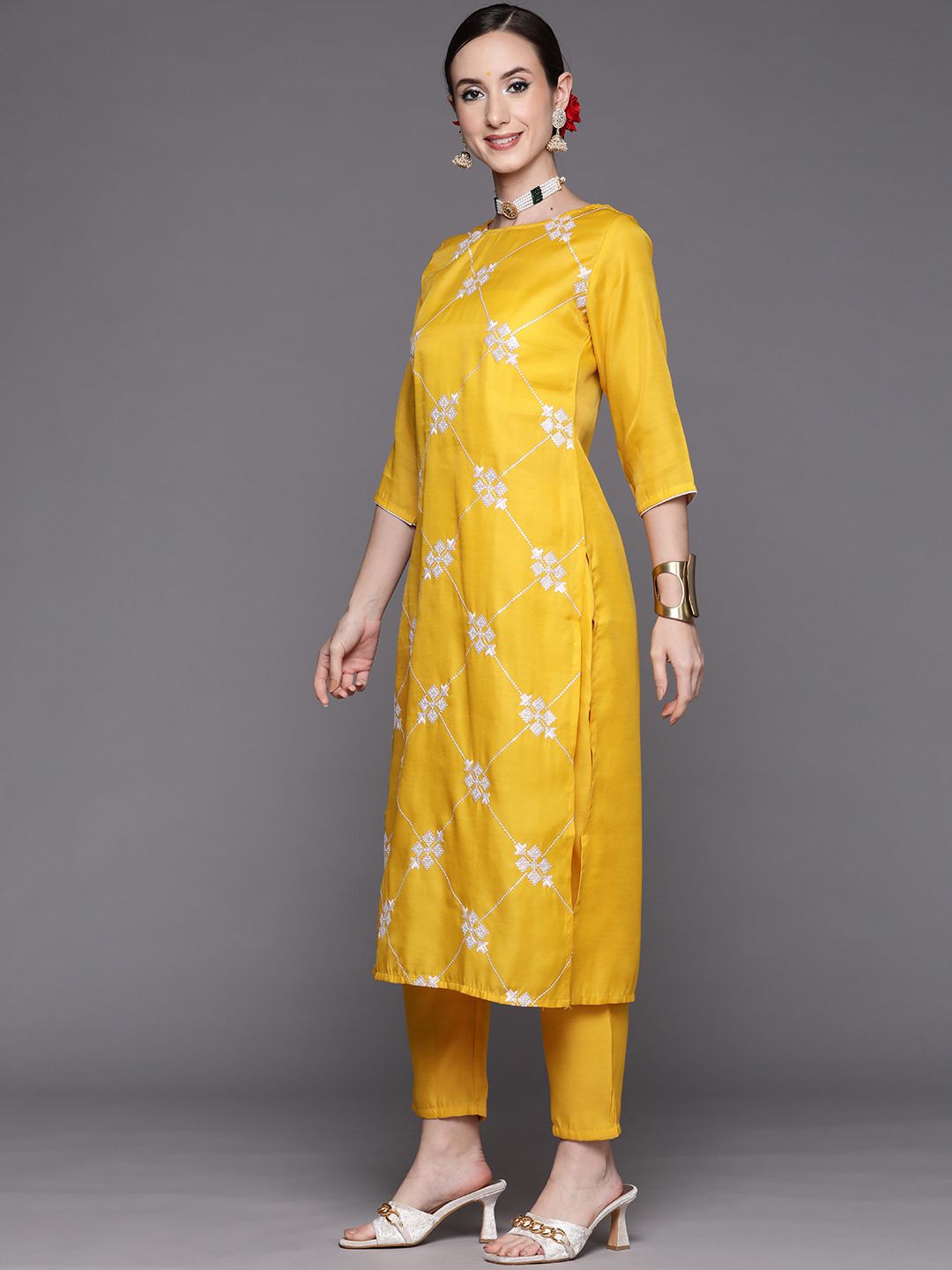 Women Mustard Yellow & White Embroidered Sequinned Kurta with Trousers