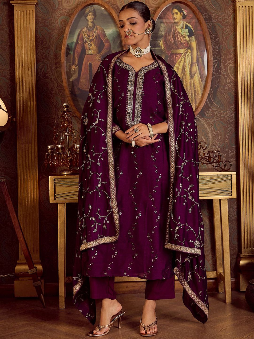 Dhiyona IE Women Floral Embroidered Regular Kurta with Trousers & With Dupatta