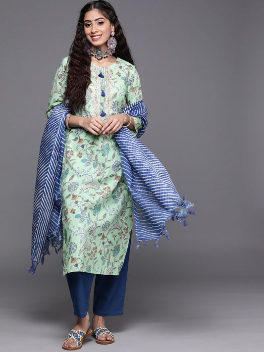 Dhiyona VA Women's Blue Pure Cotton Floral Printed Sequinned Kurta with Trousers & With Dupatta