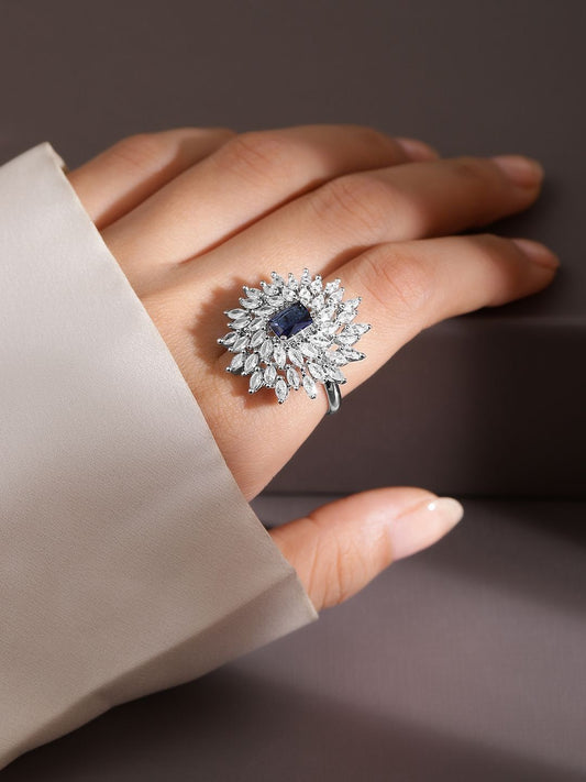 Dhiyona RJ Women's Rhodium-Plated Blue Sapphire & White CubicZirconia Studded Adjustable Cocktail Ring