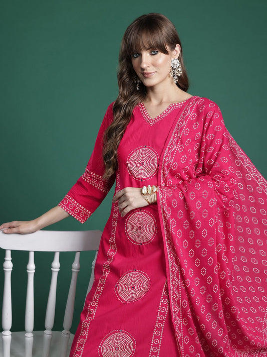 Dhiyona IE Ethnic Motifs Printed Panelled Pure Cotton Kurta with Trousers & With Dupatta
