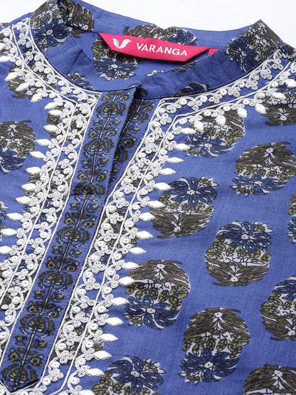 Dhiyona VA Women's Floral Printed Mirror Work Pure Cotton Kurta With Trousers & With Dupatta